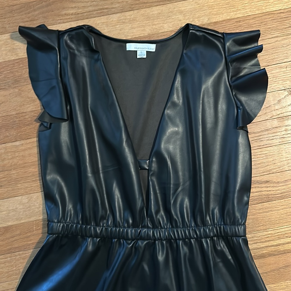 Fourteenth Place saffia flutter sleeve faux leather a line dress - Picture 6 of 8